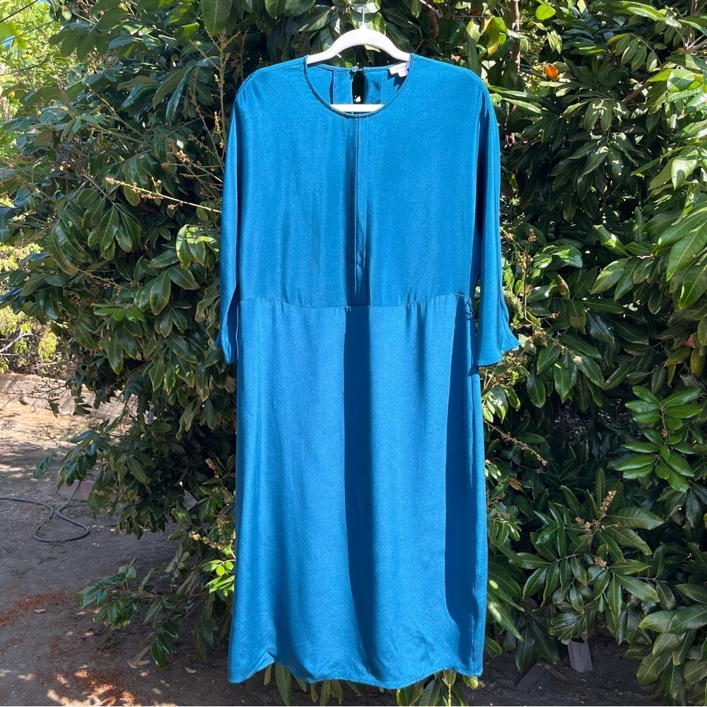 Cuyana teal blue green silk long sleeve midi dress